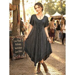 Cottagecore Prairie Dark Romantic Embroidered Festival Handkerchief Hem Dress OS